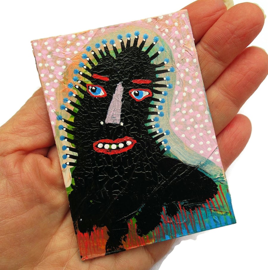 Folk Art ACEO Miniature Painting Weird Black Spooky Monster Tiny Portrait