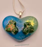 Handmade Blue and Clear Fused Glass Heart-shaped Pendant Necklace with Ivy leaf - Image 1