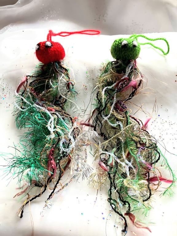 2 x hand knitted cheery Christmas jellyfish 