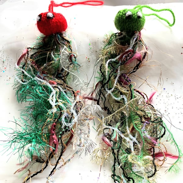 2 x hand knitted cheery Christmas jellyfish 