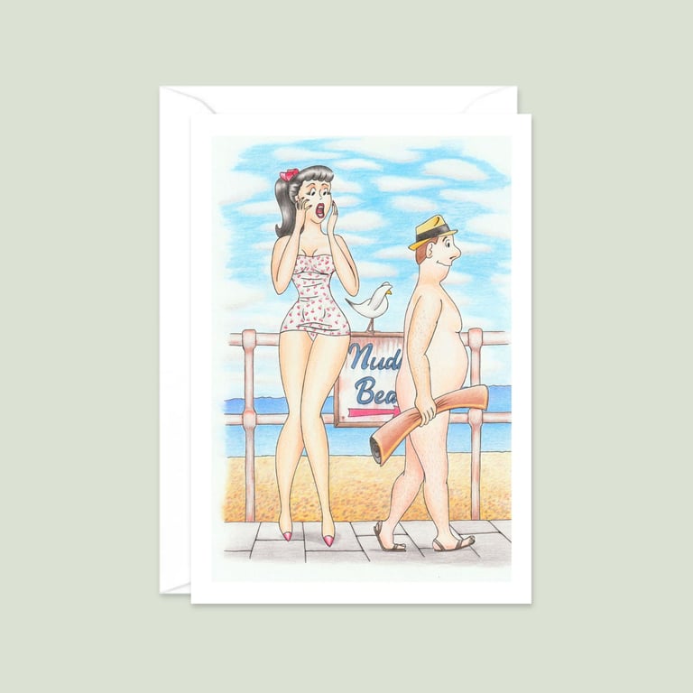 Nudist Beach Greetings Card: Hand Drawn Postcard Style Artwork (802)