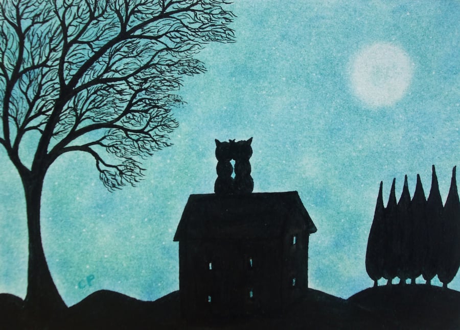 Cat Card, Romantic Moon Card, , Black Cats House Tree Silhouette, Love Card, Art