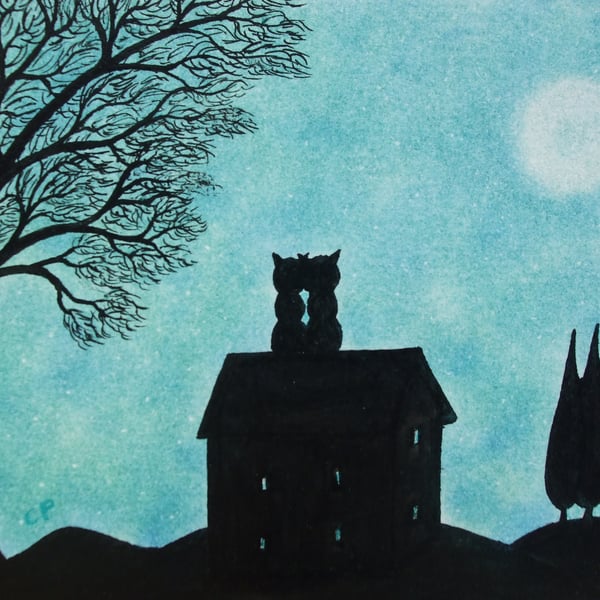 Cat Card, Valentines Art, Romantic Moon Black Cats House, Love Card, Silhouette