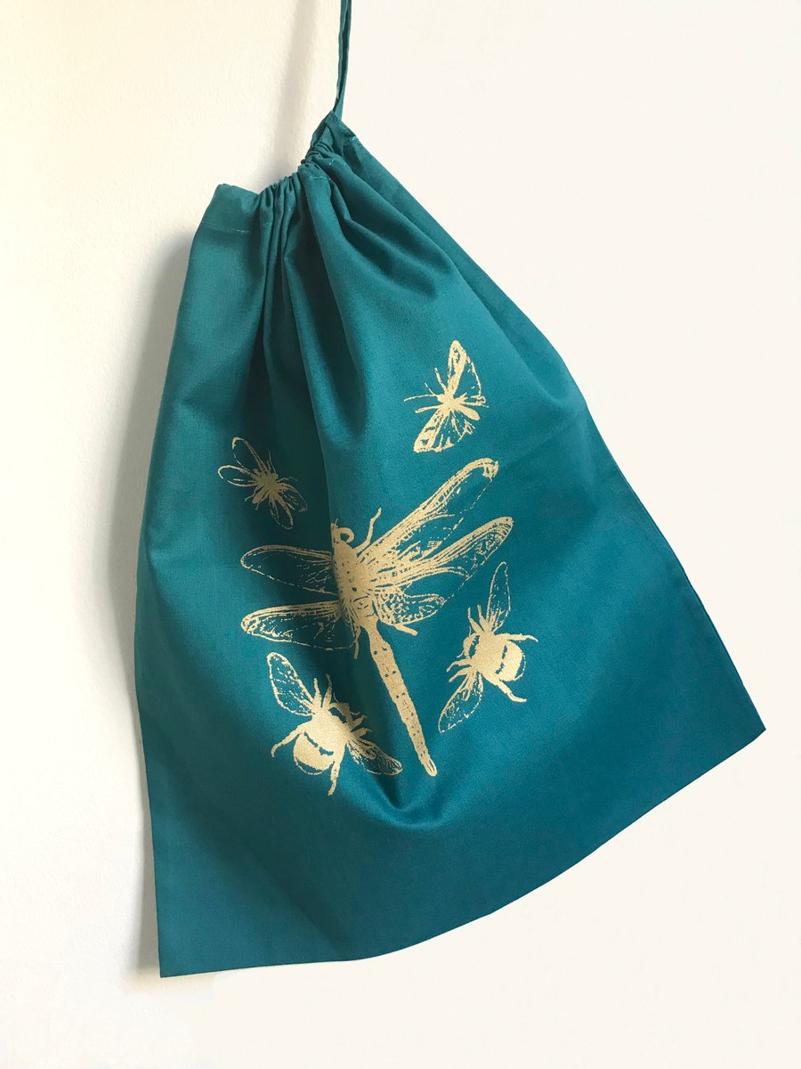 Dragonfly Bees cotton drawstring storage bag teal green with gold print  