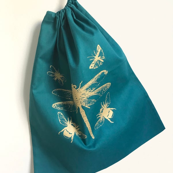 Dragonfly Bees cotton drawstring storage bag teal green with gold print  