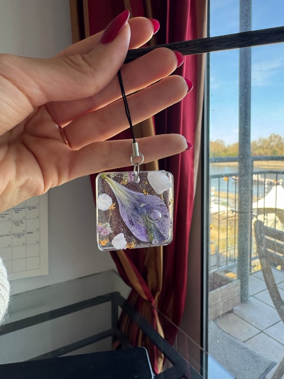 Pressed Flower, Gold Leaf and Rose Quartz Phone or Bag Charm