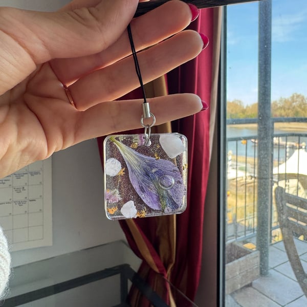 Pressed Flower, Gold Leaf and Rose Quartz Phone or Bag Charm