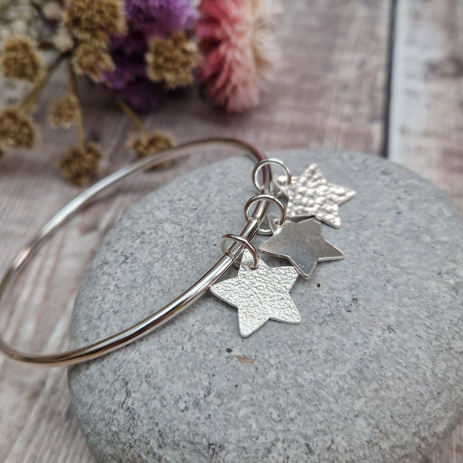 Sterling Silver Round Triple Star Charm Bangle