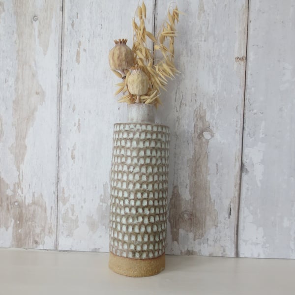 BOTTLE VASE hand-built stoneware pottery carved bottle in white and sea green