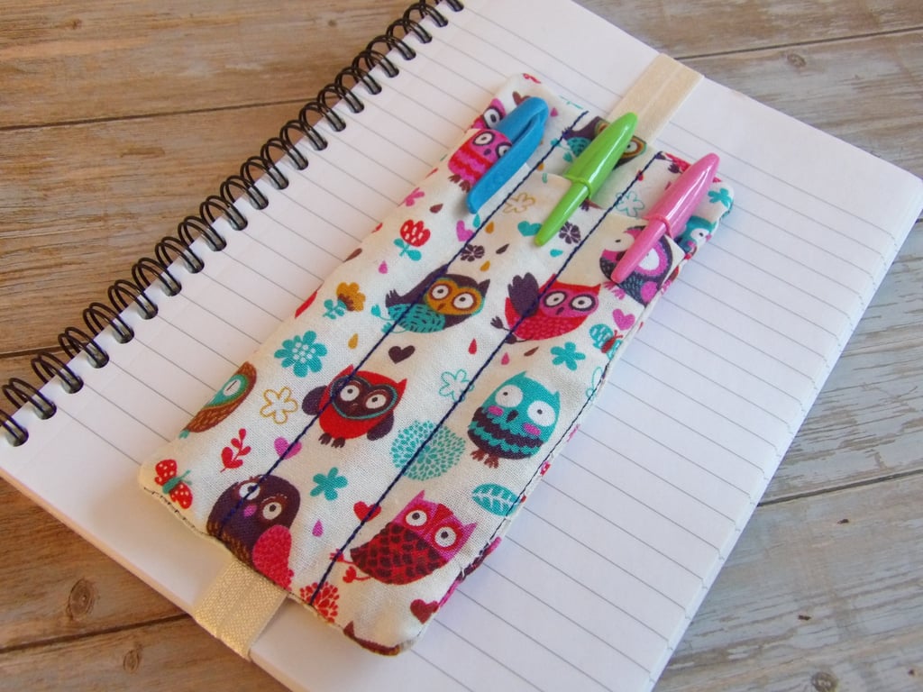 Owl fabric bookmark pen holder elasticated A5 size 