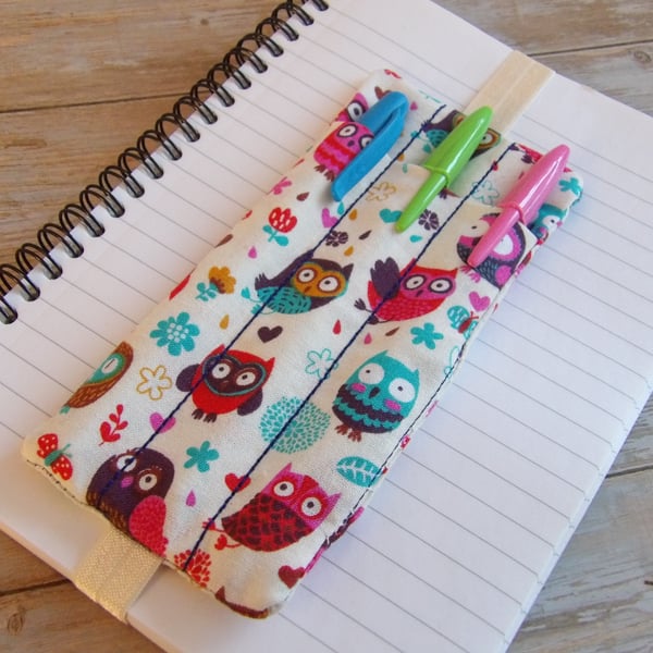 Owl fabric bookmark pen holder elasticated A5 size 