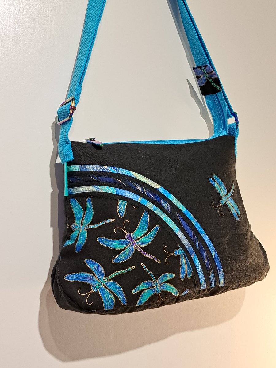 Handbag,Turquoise dragonflies on black