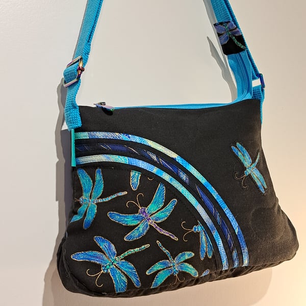 Handbag,Turquoise dragonflies on black
