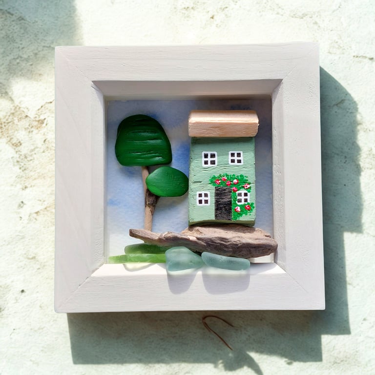 Cottagecore Coastal Cottage Wall Art, Driftwood & Sea Glass Artwork, Rustic Art
