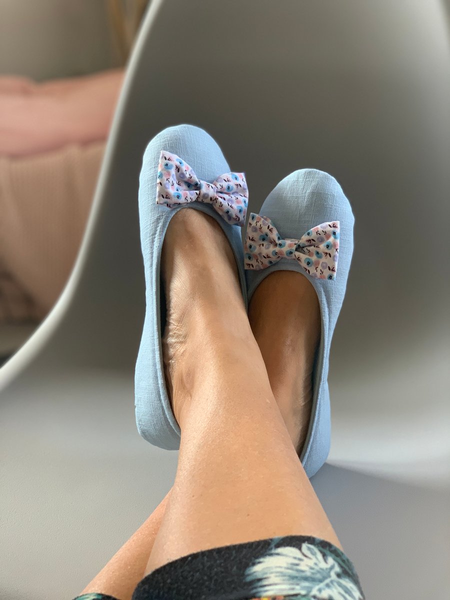 Ladies slippers, blue linen slipper with Liberty bow, gifts for her, house shoes