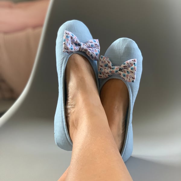 Ladies slippers, blue linen slipper with Liberty bow, gifts for her, house shoes