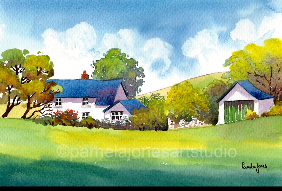 Welsh Farmhouse, Mid Wales, Original Watercolour, in 14 x 11 '' Mount