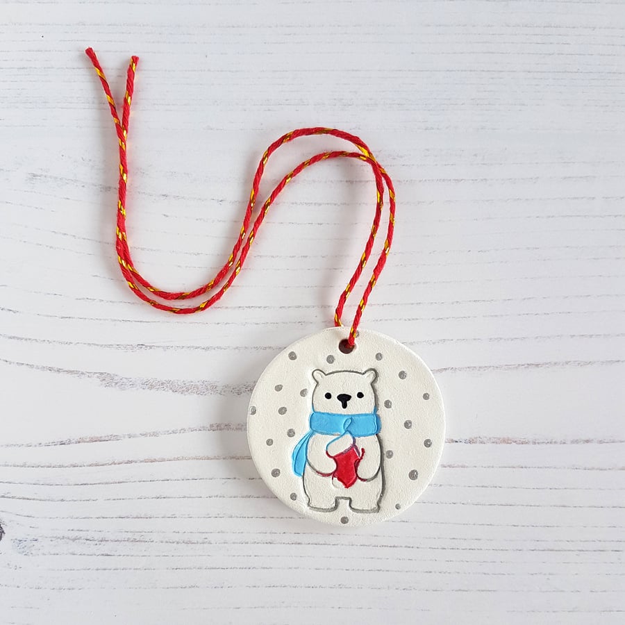 Polar bear with stocking tag decoration