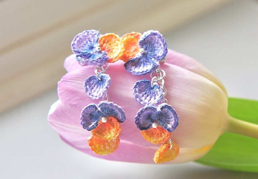 Microcrochet Wild Pansy Stud Drop Earrings 