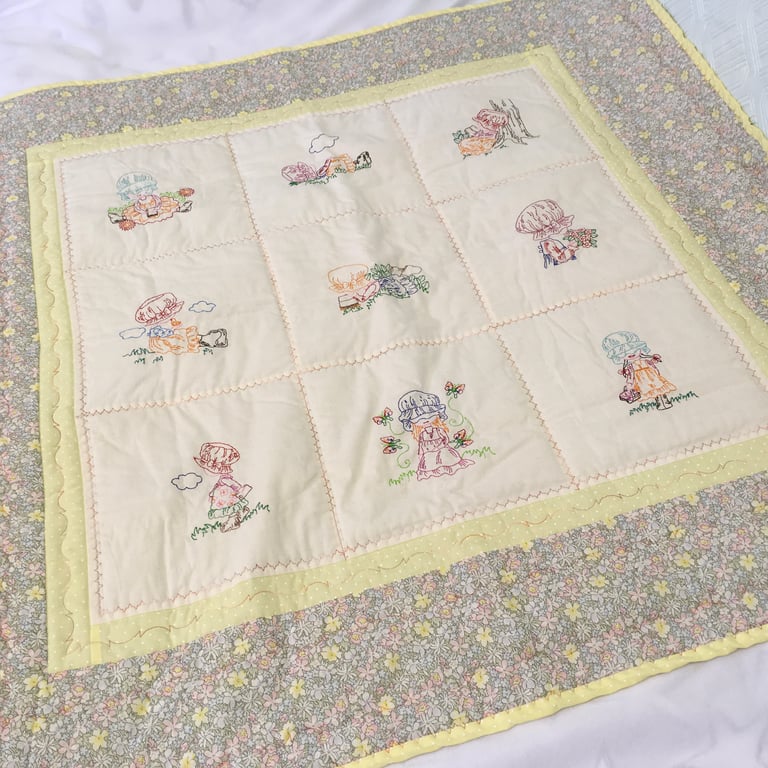 Multi-coloured Designs of Girl in Big Bonnet. Quilt for Older Child. Travel Cot.