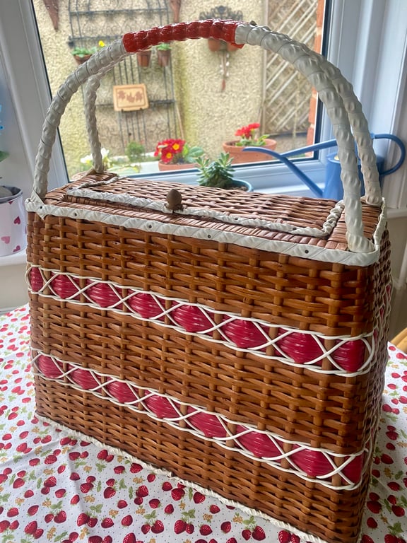 Revamped vintage wicker basket handbag with Cath Kidston fabric lining