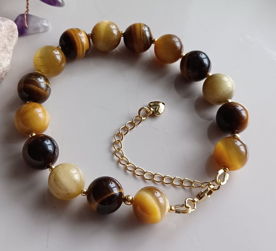 Golden Tiger's Eye Bracelet , 10mm Natural Stone, Adjustable 17- 19 cm Wrist
