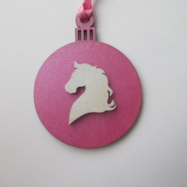 Horse Christmas Tree Bauble Decoration Pink and White Pony