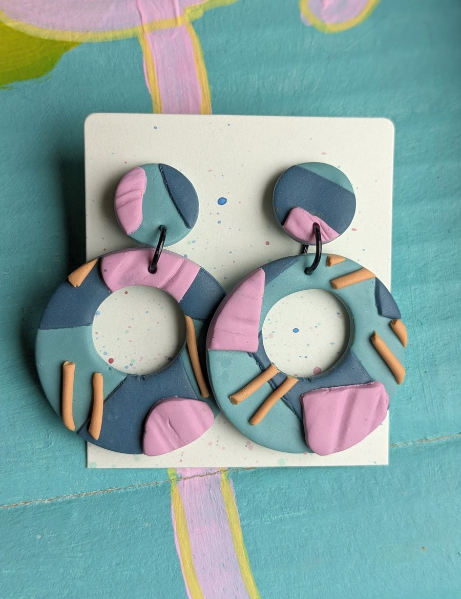 Big dangly  polymer clay  earrings in pink, blue and turquoise