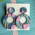 Big dangly  polymer clay  earrings in pink, blue and turquoise