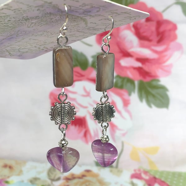 Mother of Pearl and Fluorite heart earrings