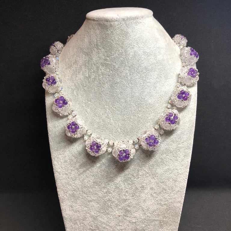 Bubbles Crackled Quartz and Amethyst handmade necklace