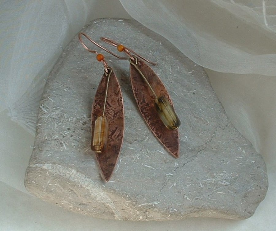 Rustic Copper Leaf Earrings with polished quartz