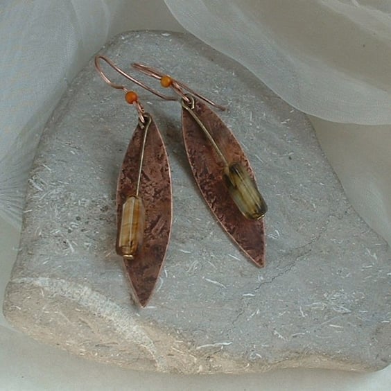 Rustic Copper Leaf Earrings with polished quartz
