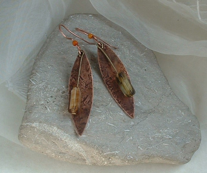 Rustic Copper Leaf Earrings with polished quartz
