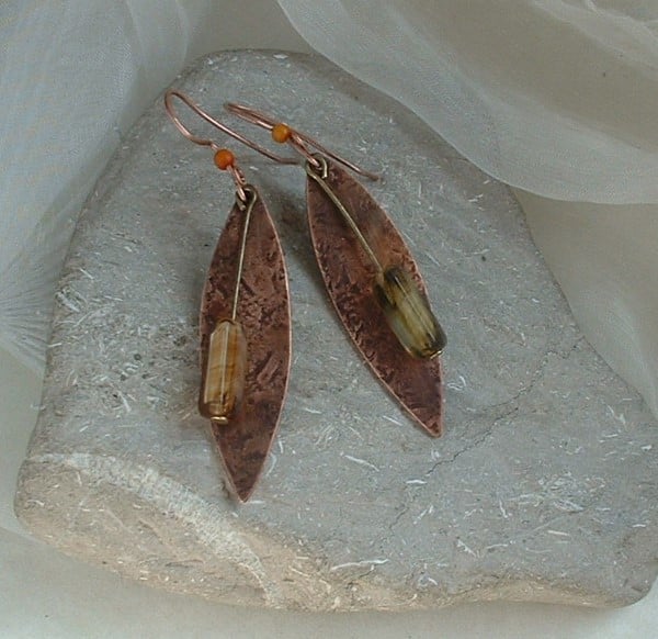 Rustic Copper Leaf Earrings with polished quartz