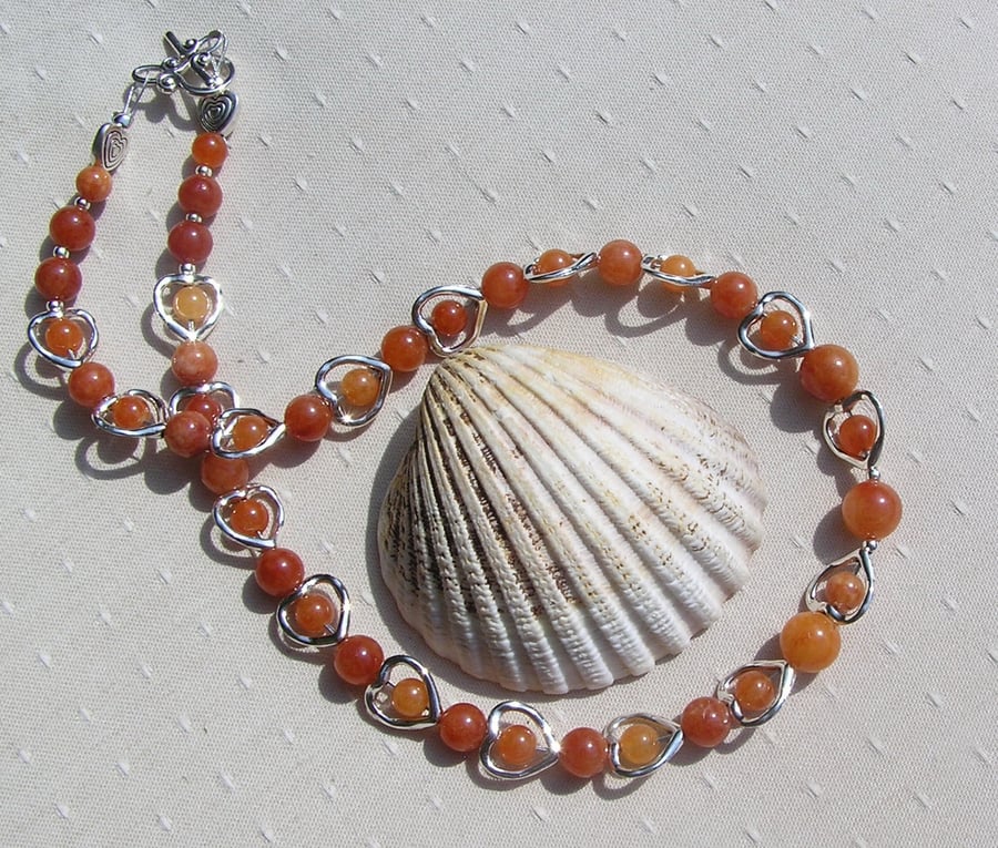 Orange Sunstone Beaded Gemstone Statement Silver Heart Necklace