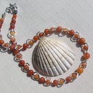 Orange Sunstone Beaded Gemstone Statement Silver Heart Necklace