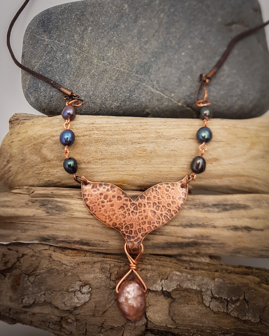 Copper whale tail pendant necklace with natural freshwater pearls