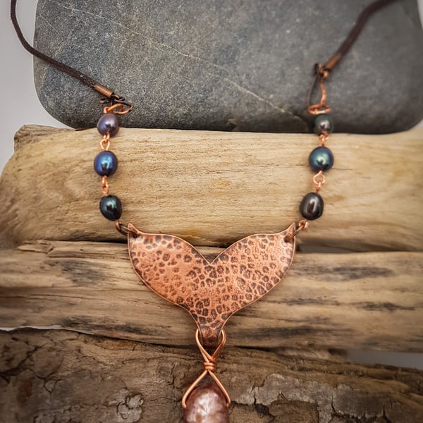 Copper whale tail pendant necklace with natural freshwater pearls