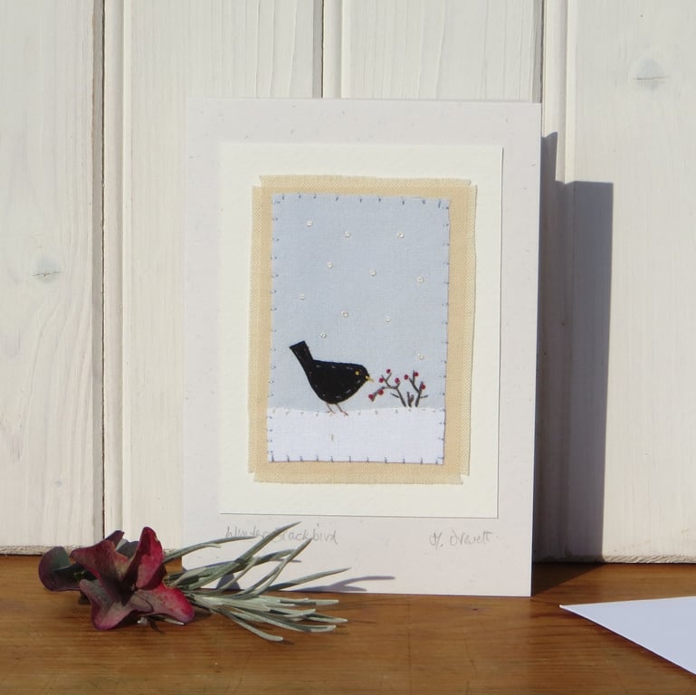 Hand-stitched miniature on card entitled 'Winter Blackbird' a card to keep!
