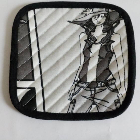 Quilted reversible coaster, Mug Rug, Manga, Anime design fabric. 