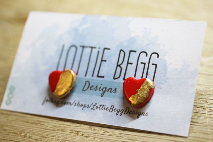 Mermaids treasure- red and gold heart shaped earrings