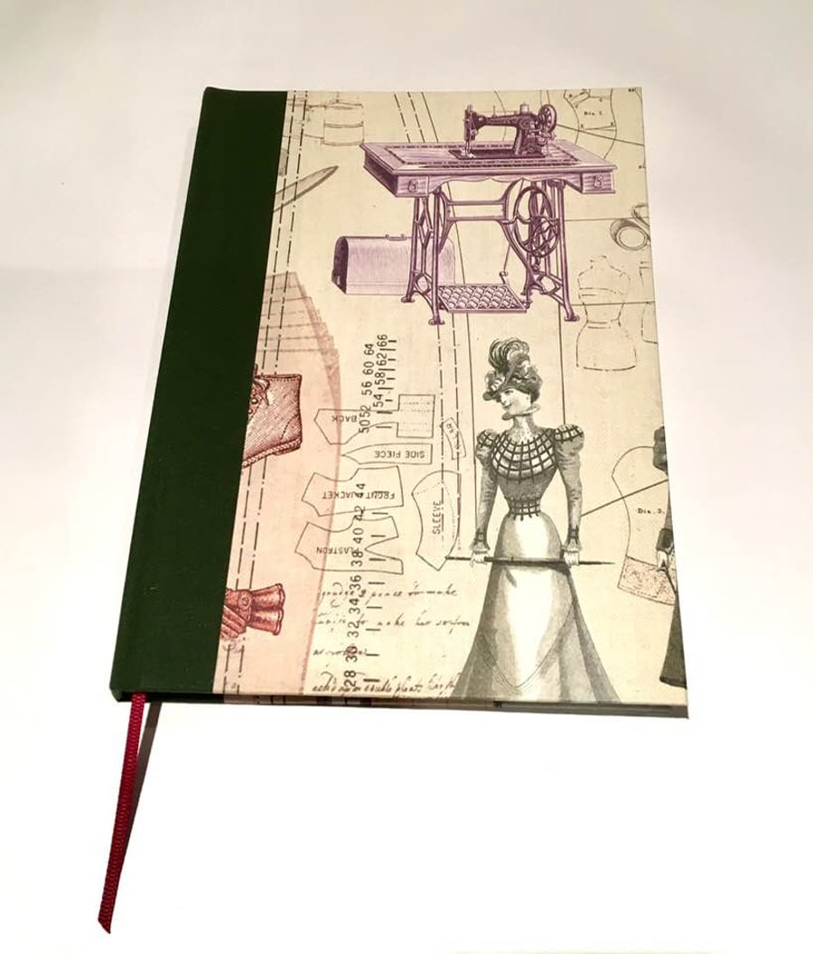 Vintage Sewing Machine & Patterns Slimline A5 Notebook - Green