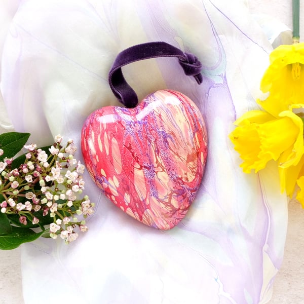 Hanging marbled ceramic heart decoration in purple gold crimson seconds sunday