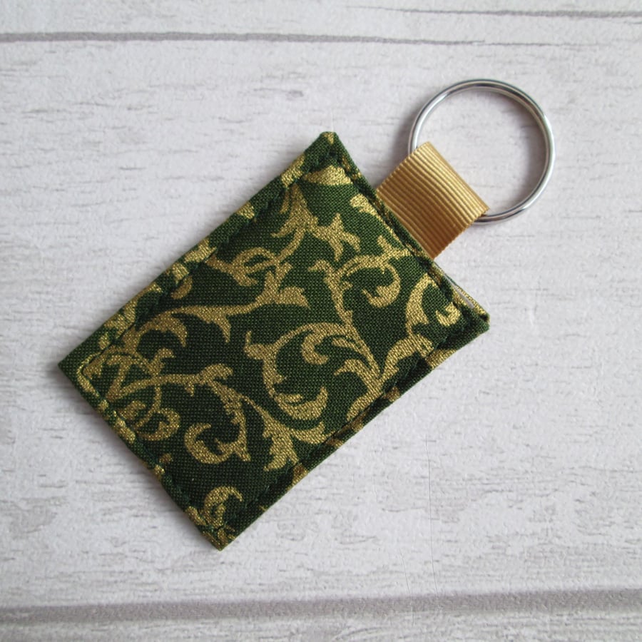 Keyring or Bag Tag, Olive Green with Gold Rococo Scrolls, Luggage Tag