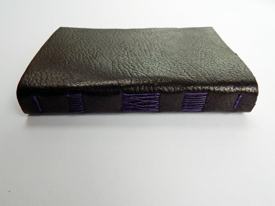 Leather Journal Notebook, Hand Bound, Black with Purple Mulberry Endpapers