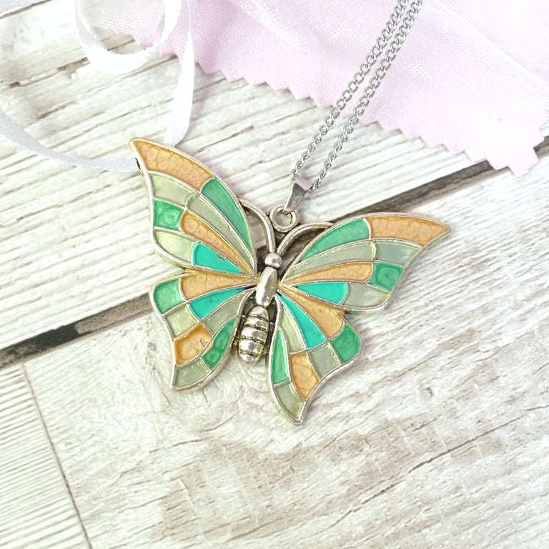 Gold, lime and emerald green butterfly necklace, handpainted pendant