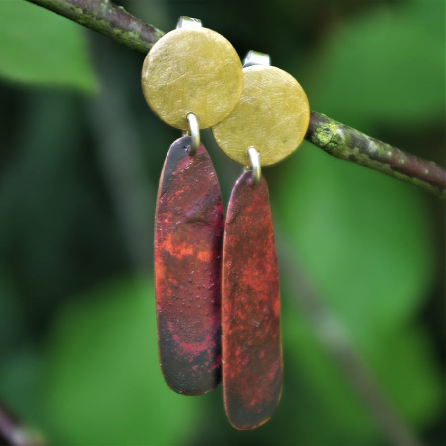Brass and Red Copper Long Dangle Earrings