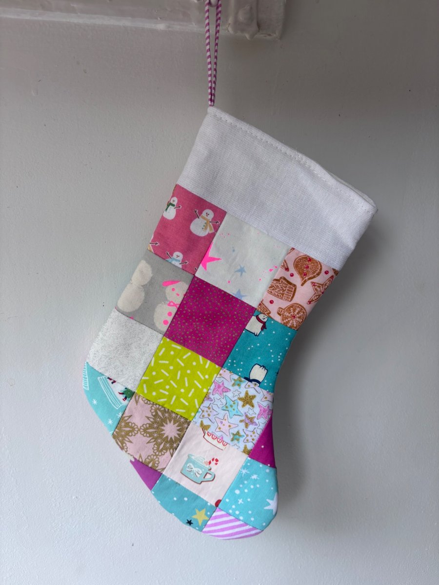 Summer Seconds - Christmas stocking - patchwork print pinks aqua 