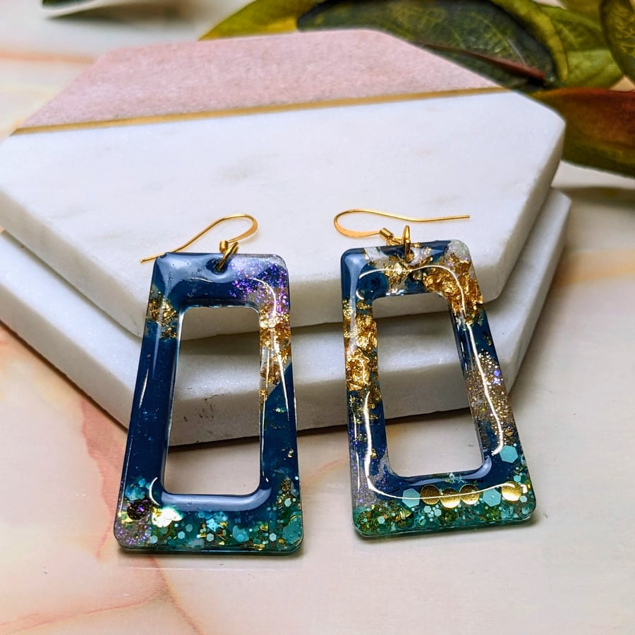 Stylish Teal and Gold Geometric Earrings - Handmade Dangles with Cut Out